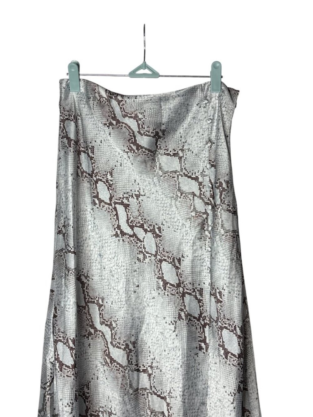 TCEC Midi Skirt Size L High Low Satin Reptile Print Faux Buttons Slit - Picture 2 of 8